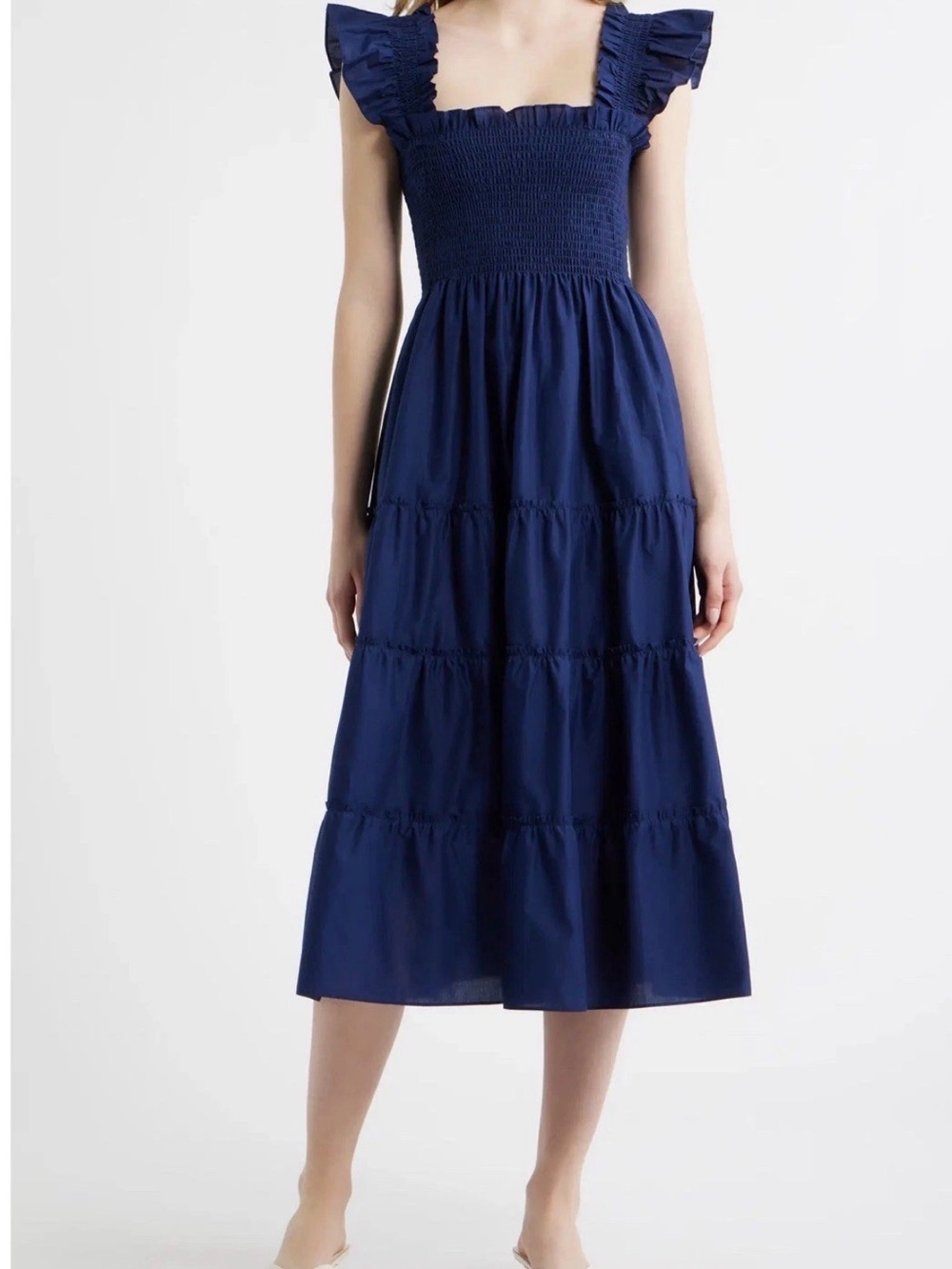 Hill House Home The Ellie Nap Dress Navy Blue Smocked Midi Ruffle Straps Women L